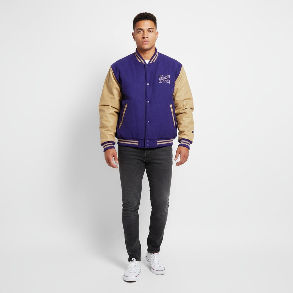 Vtg Starter Team Letterman‎ Jacket Purple Tan Snap Front Collegiate Mens L